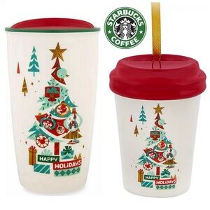 2 Disney Starbucks Happy Holidays Beverage Ceramic Tumbler & Mini‎ Ornament